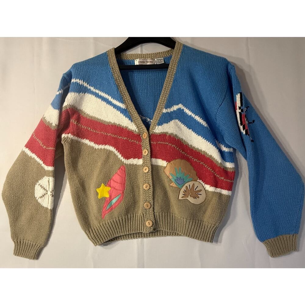 Sharon Young Coastal Fish Shell Knit Cardigan Cotton Sweater Medium - Picture 1 of 13